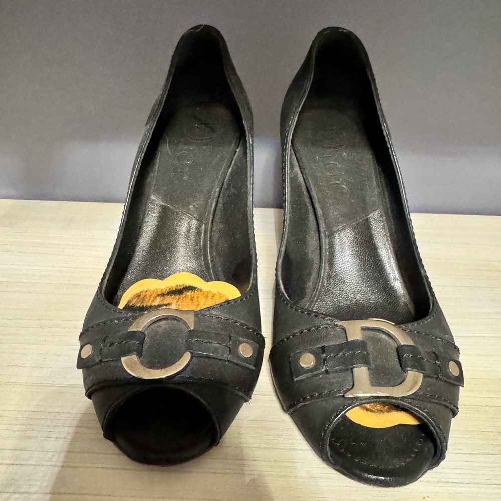Dior Black Heels with Open Toe Design and Decorative Ornament